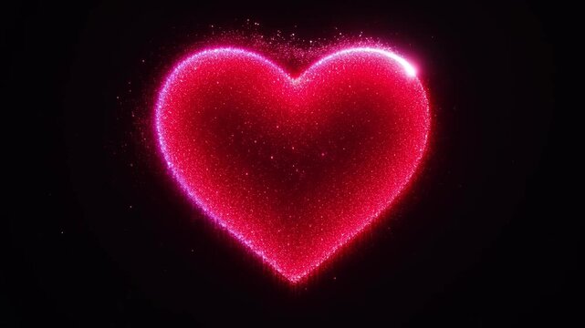 Sparkling pink heart shape glows in dark nubes, absorbing light with vivid sparkle, romantic and elegant abstract red heart on black background, glowing particle mood
