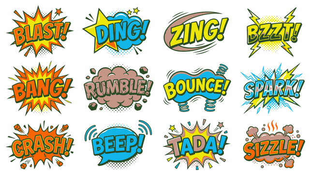 Comic book onomatopoeia collection with blast rumble and beep.