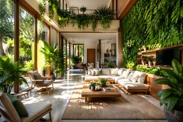 Fototapeta premium Modern biophilic interior design with lush green plants and natural sunlight.