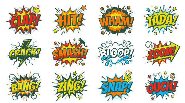 Comic book onomatopoeia set for action and impact.