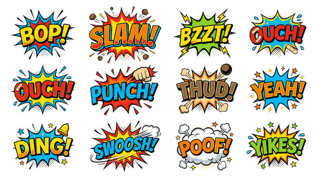 Colorful comic sound effect bubbles with bop and slam.