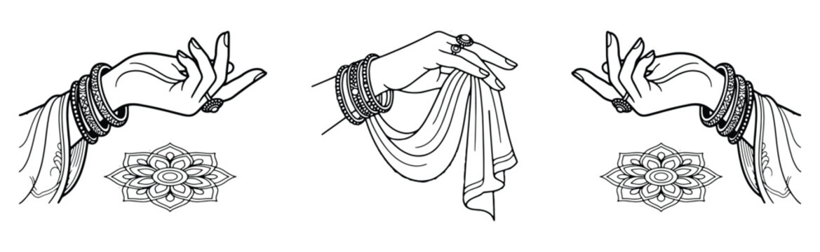 Set of three mudra hand gestures with delicate jewelry and lotus motifs isolated on white background for yoga spiritual meditation design elements art.