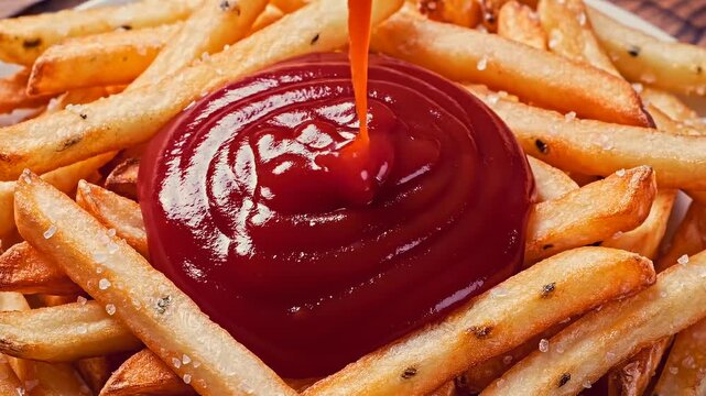 french fries with ketchup pouring close up macro shot, crispy golden potatoes with rich sauce, appetizing fast food snack in detailed texture, comfort food concept