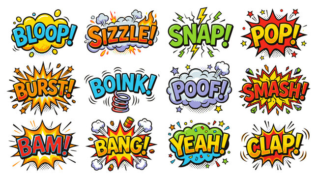 Colorful pop art style comic sound effect bubbles collection.