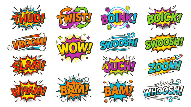 Colorful comic sound effects collection on white background.