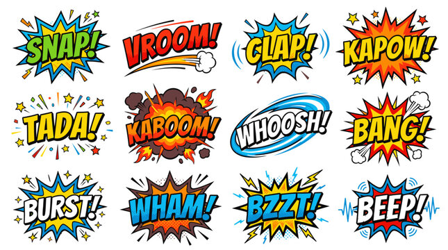 Colorful primary tone comic book sound effects set.