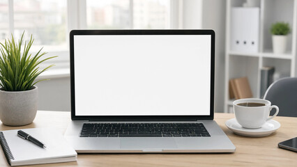 Fototapeta premium Open laptop with blank screen on a wooden office desk with coffee and plant