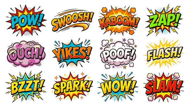 Comic book onomatopoeia stickers with pow and kaboom text.