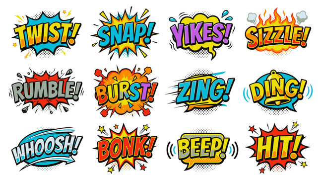 Comic sound effects set with twist and snap.