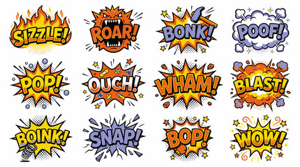 Fototapeta premium Colorful comic sound effects set with sizzle roar bonk.