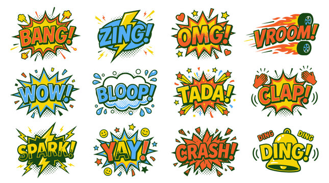 Comic sound effect stickers with bang zing and omg.