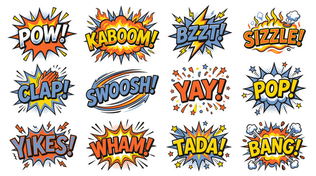 Comic book sound effect stickers with kaboom and wham.