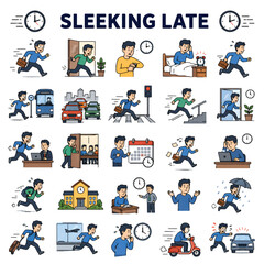 Fototapeta premium Sleeping Late Icon Set, Bedtime and Sleep Schedule Outline Vector Collection