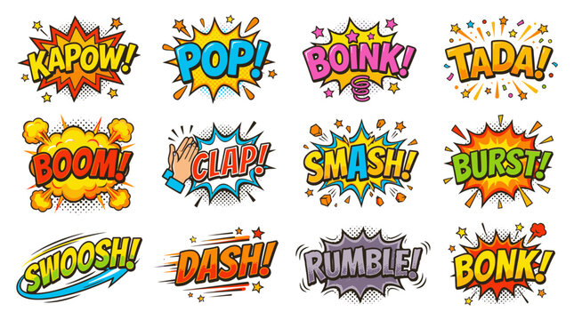 Comic book sound effect action word stickers collection set.