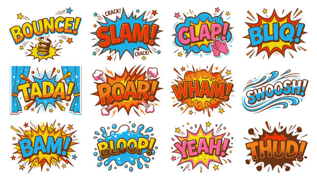 Comic book sound effect stickers with vibrant colors.