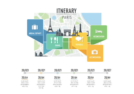 A travel itinerary infographic for Paris with six colored boxes