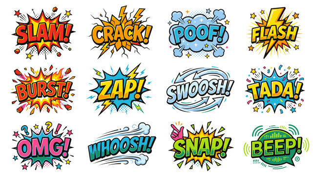 Comic book sound effect bubbles set with SLAM and OMG.