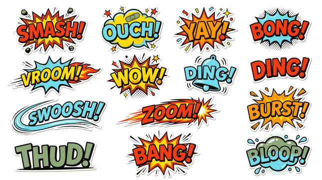 Comic book speech bubbles and explosion clouds collection.