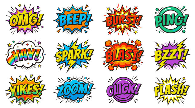 Comic book speech bubble stickers with sound effects.