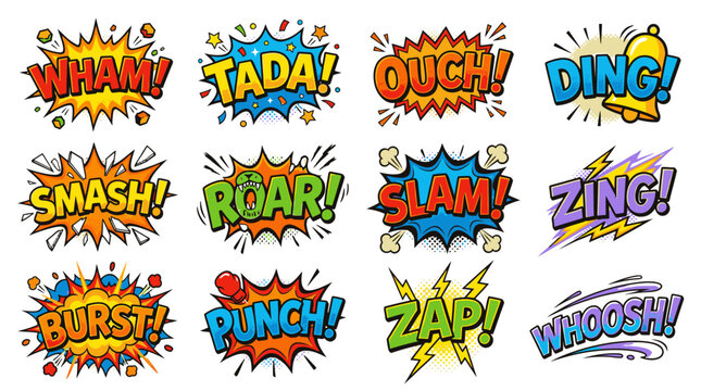 Colorful comic sound effects with wham tada ouch ding.