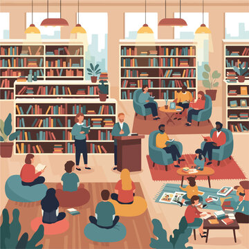 A library with people reading and sitting