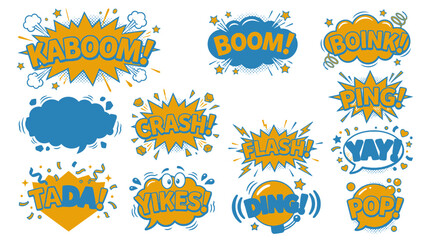Fototapeta premium Comic speech bubble collection with kaboom pop and empty clouds.