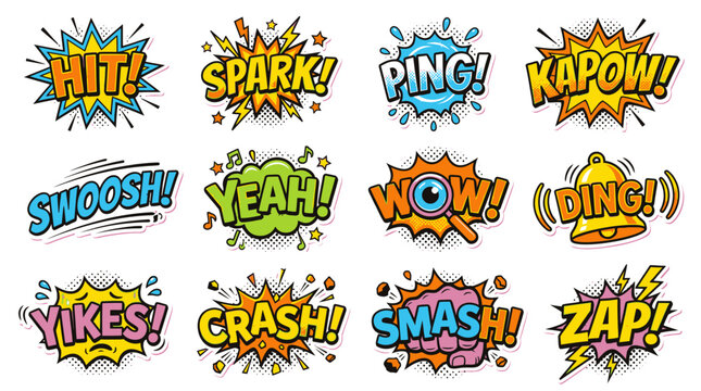 Comic book speech bubbles with Kapow and Swoosh text