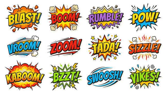 Comic book sound effect bubbles with various action words