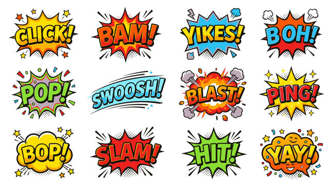 Comic action words collection featuring click bam and yikes.