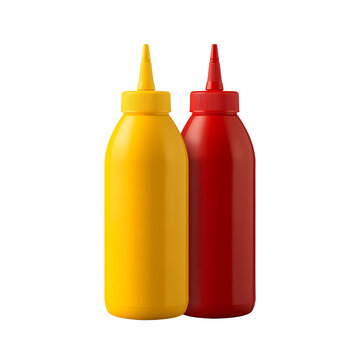 Plastic bottles of ketchup and mustard condiments on transparent background