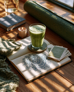 Healthy manifestation lifestyle scene with green smoothie wellness journal yoga mat sunlight and affirmation cards for mind body alignment