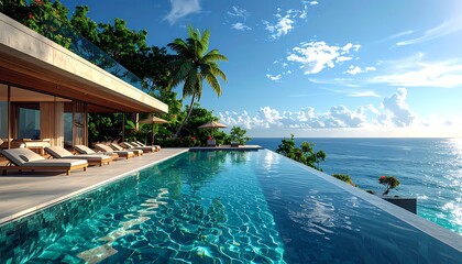 Obraz premium A serene infinity pool overlooking a vast ocean with palm trees (7)