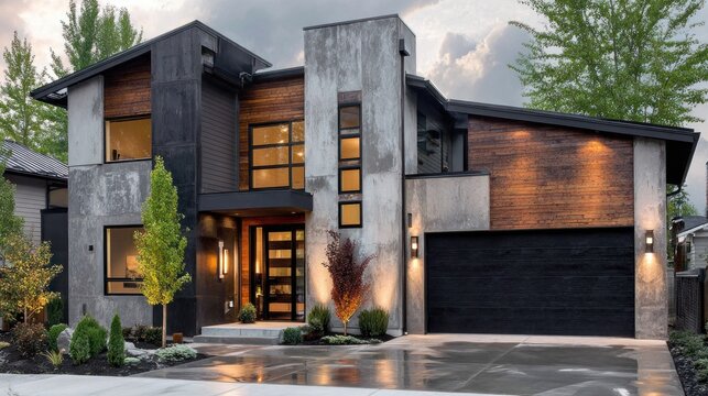 Contemporary two story residence showcases modern architectural design elements with mixed materials