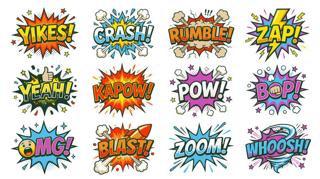 Comic style action word stickers with dynamic splash backgrounds.