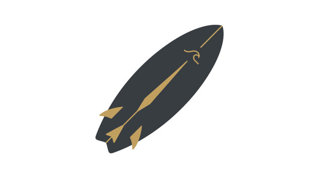 Black surfboard with yellow design.