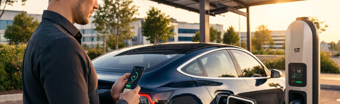 Man using smartphone app to monitor electric vehicle charging at station