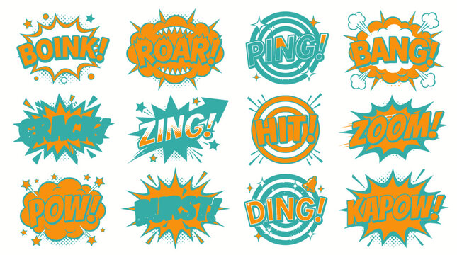 Comic book action sound clouds with assorted onomatopoeia words.