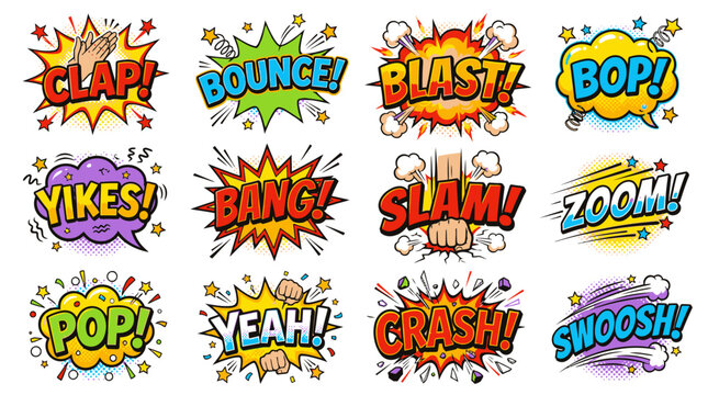 Comic book sound effects and onomatopoeia speech bubble set.