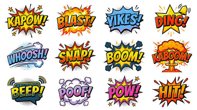 Colorful comic speech bubbles set with kapow and blast effects