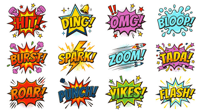 Comic book sound effects and onomatopoeia speech bubbles set.