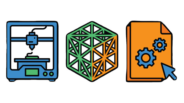 3D printing technology and additive manufacturing process icons with manufacturing, additive