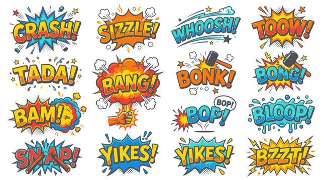 Comic book sound effects collection in colorful pop art style.