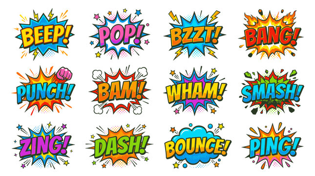 Comic book sound effects including beep and smash in bubbles.