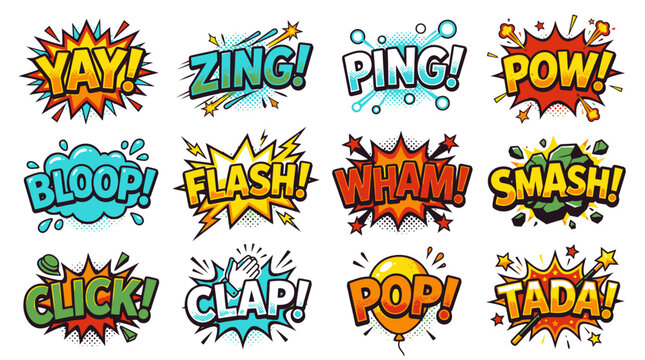 Colorful comic speech bubbles with action sound effects.
