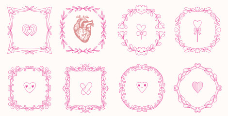Hand drawn line, border, frame vector design element set. Template for invitation or greeting card, picture, art © bow