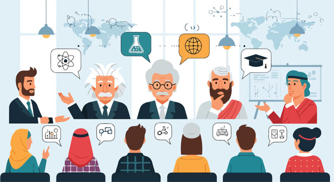 A diverse group of people discuss science and education