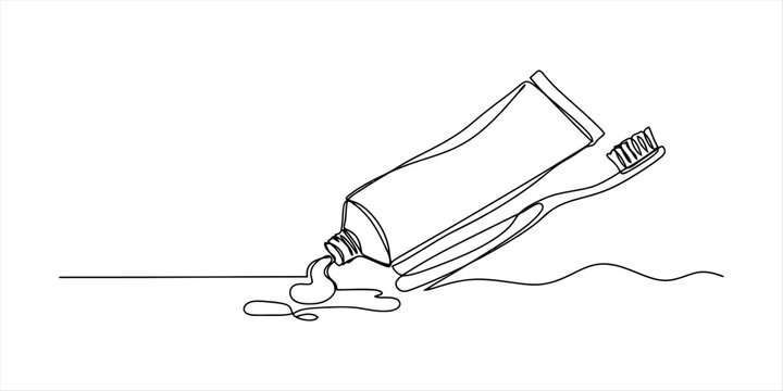 Toothpaste tube and toothbrush, single line drawing