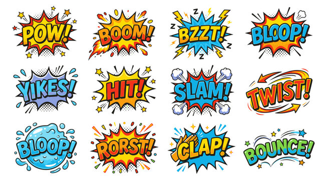 Comic book superhero stickers featuring pow boom and bzzt.