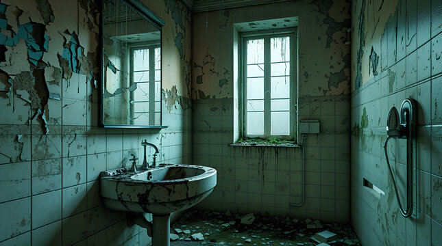 An abandoned, dilapidated bathroom with peeling paint, a cracked sink, and overgrown vegetation visible through the window.