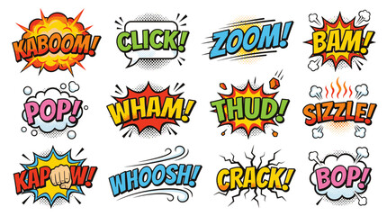 Comic explosion bubbles featuring kaboom and zoom action words.